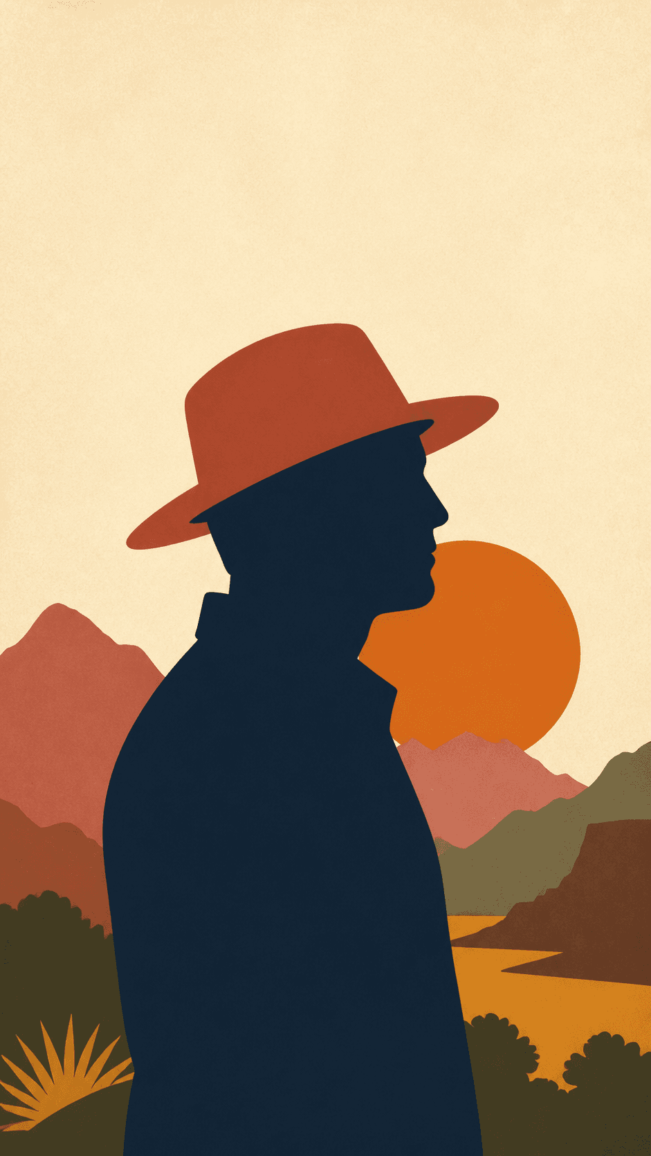 Warm field-portrait illustration of layered hills