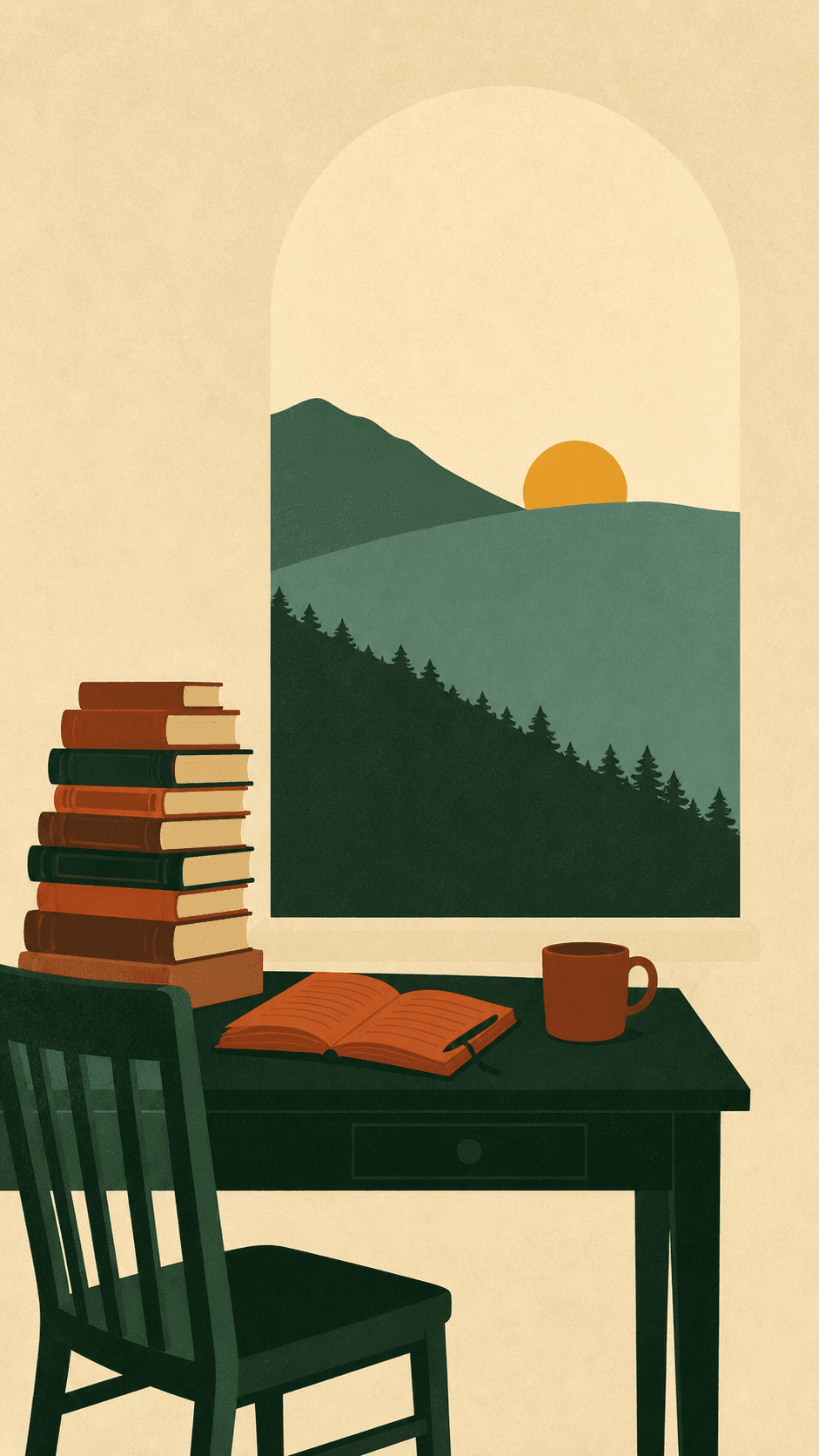 A writing desk with stacked books and an open notebook, an arched window beyond showing layered hills and a mustard sun