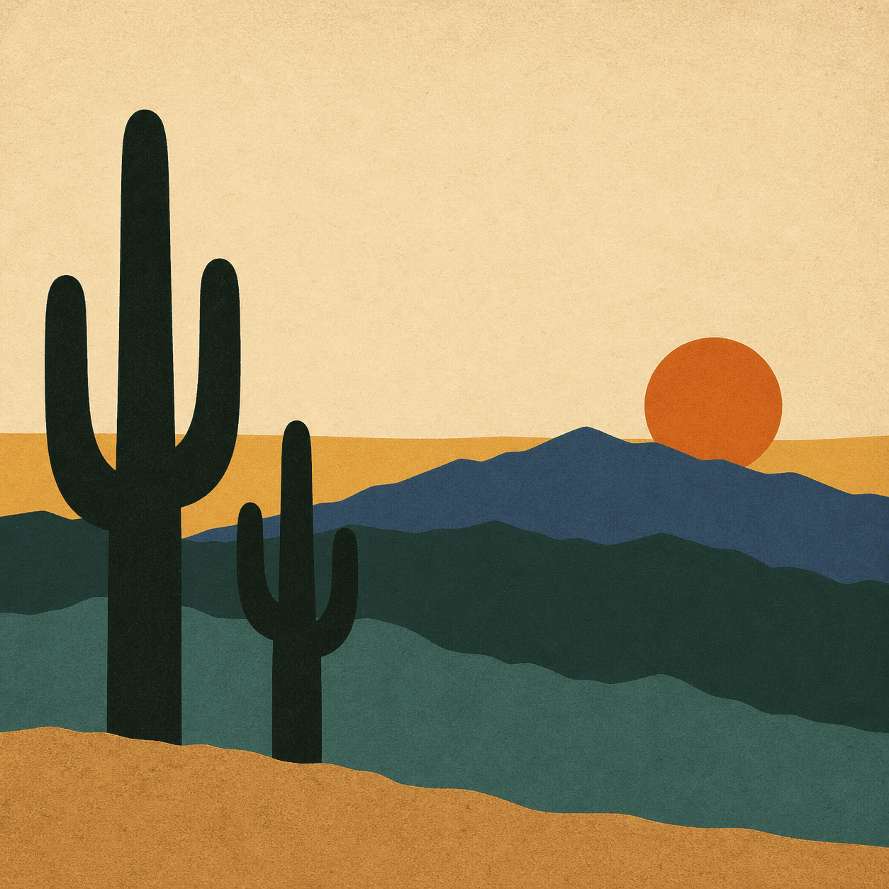 Layered desert at sunset with saguaro silhouettes and a low burnt-orange sun