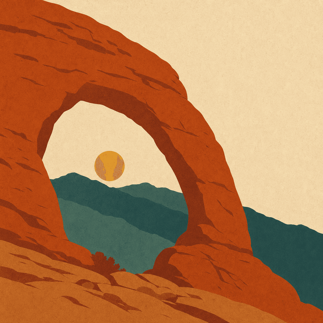A sandstone arch framing a layered valley at sunset with a mustard sun disc