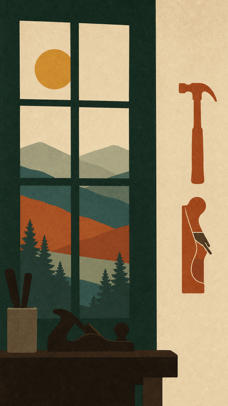 A paned workshop window with layered hills and a mustard sun beyond, hand tools on the wall and a plane on the workbench