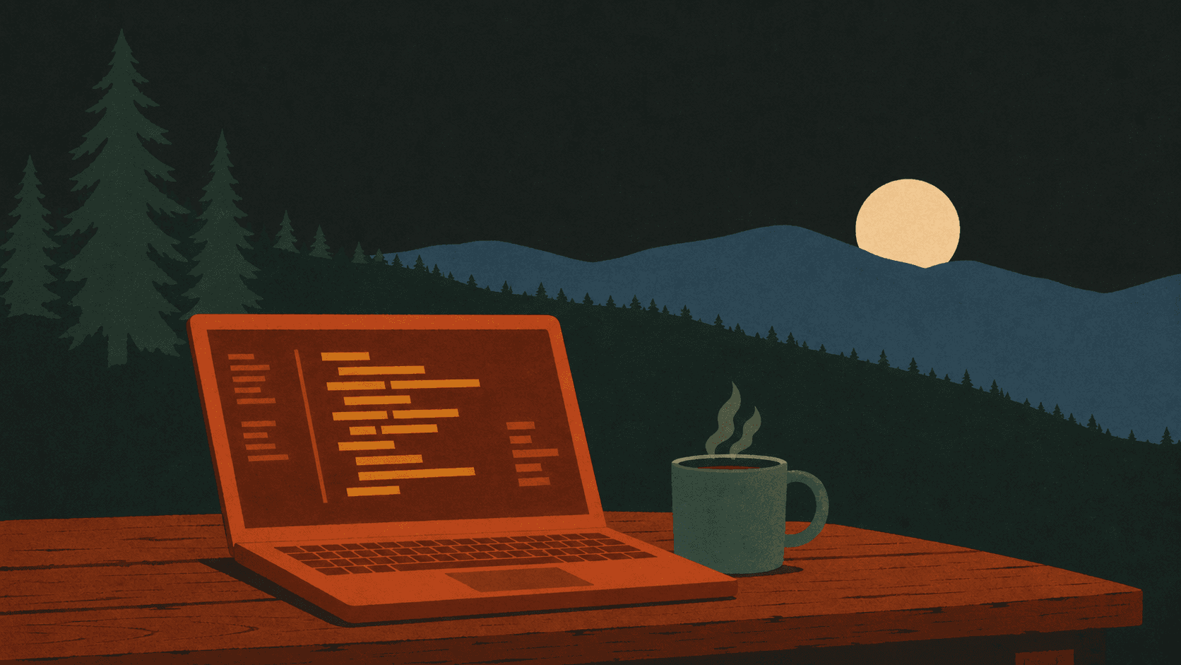 A glowing laptop with code beside a steaming clay mug on a workbench at dusk, layered hills behind