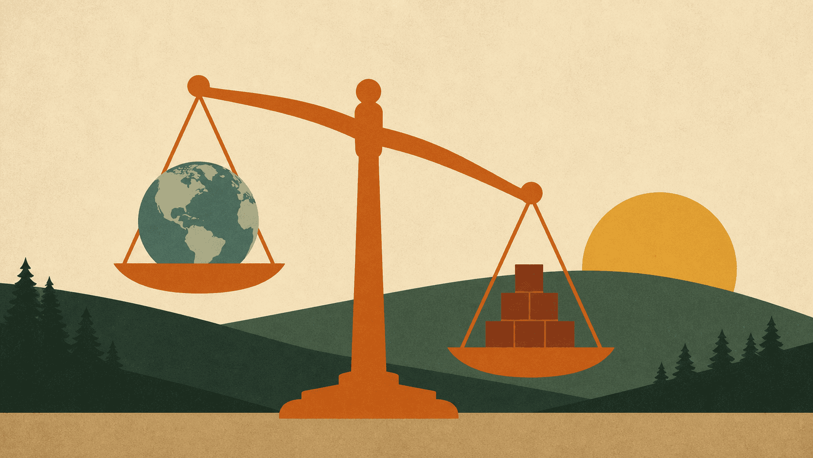 A tilted balance scale weighing an Earth globe against a stack of small blocks
