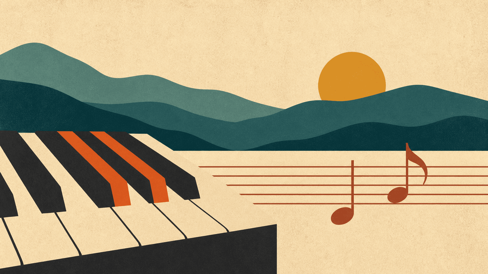 Piano keys with highlighted black keys beside a music staff with notes, layered hills behind