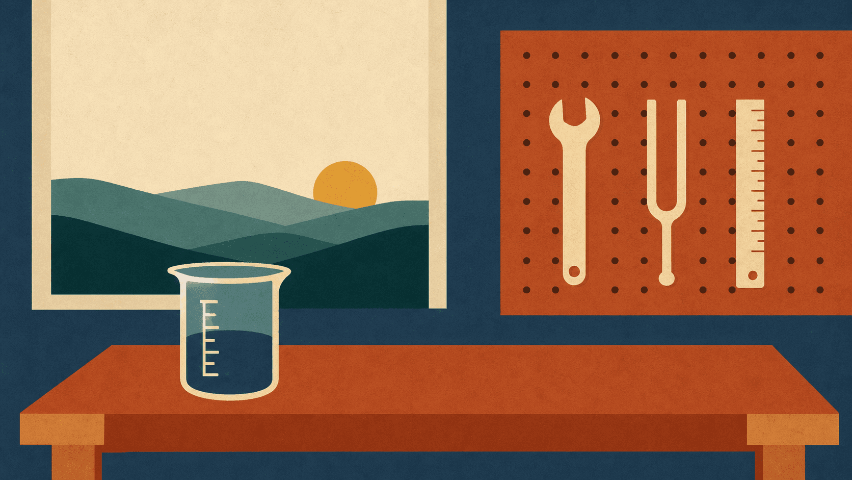 A lab workbench with a glass beaker beside a tool pegboard, layered hills visible through a window