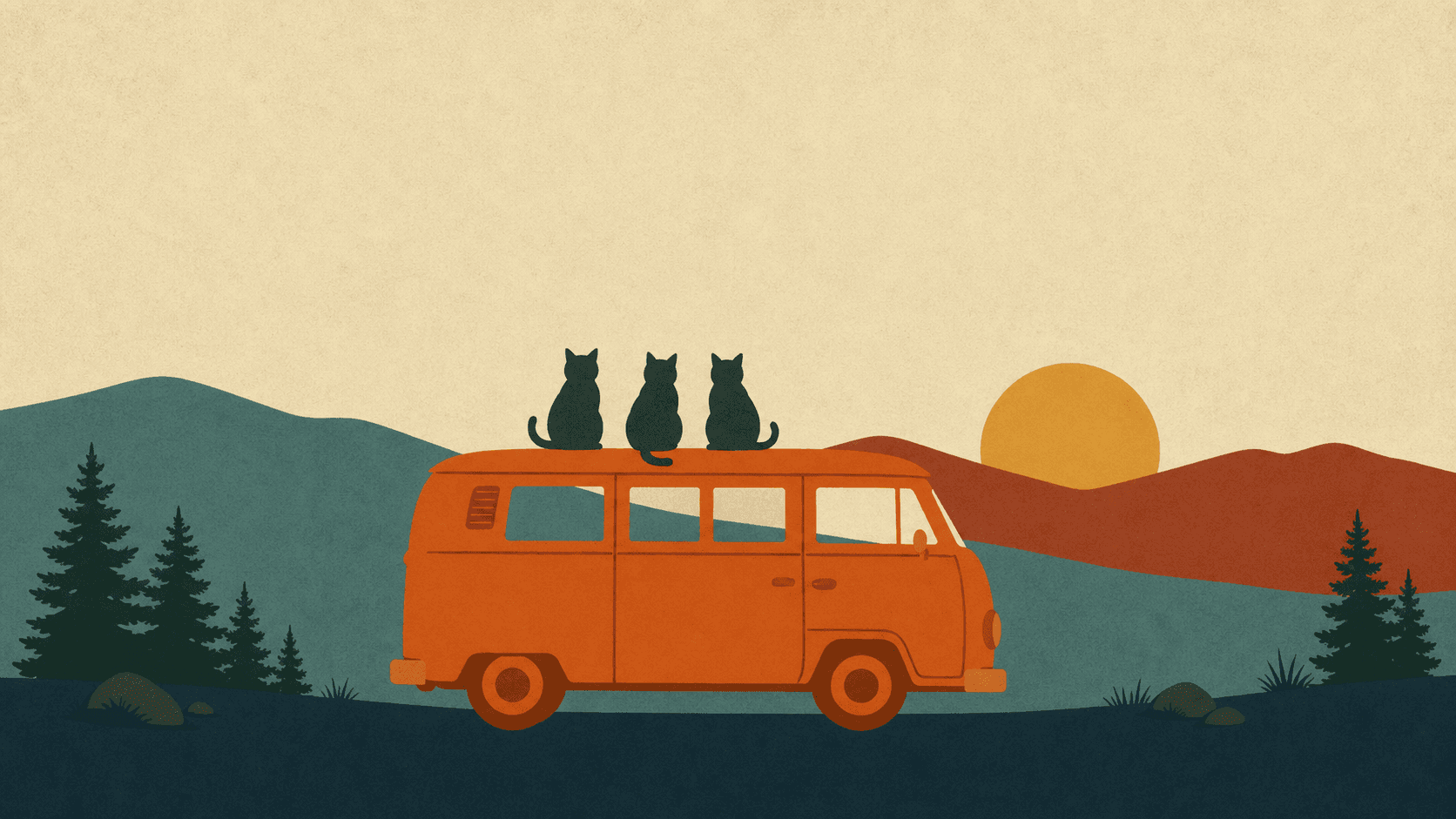 A vintage camper van with three cat silhouettes on its roof at sunset