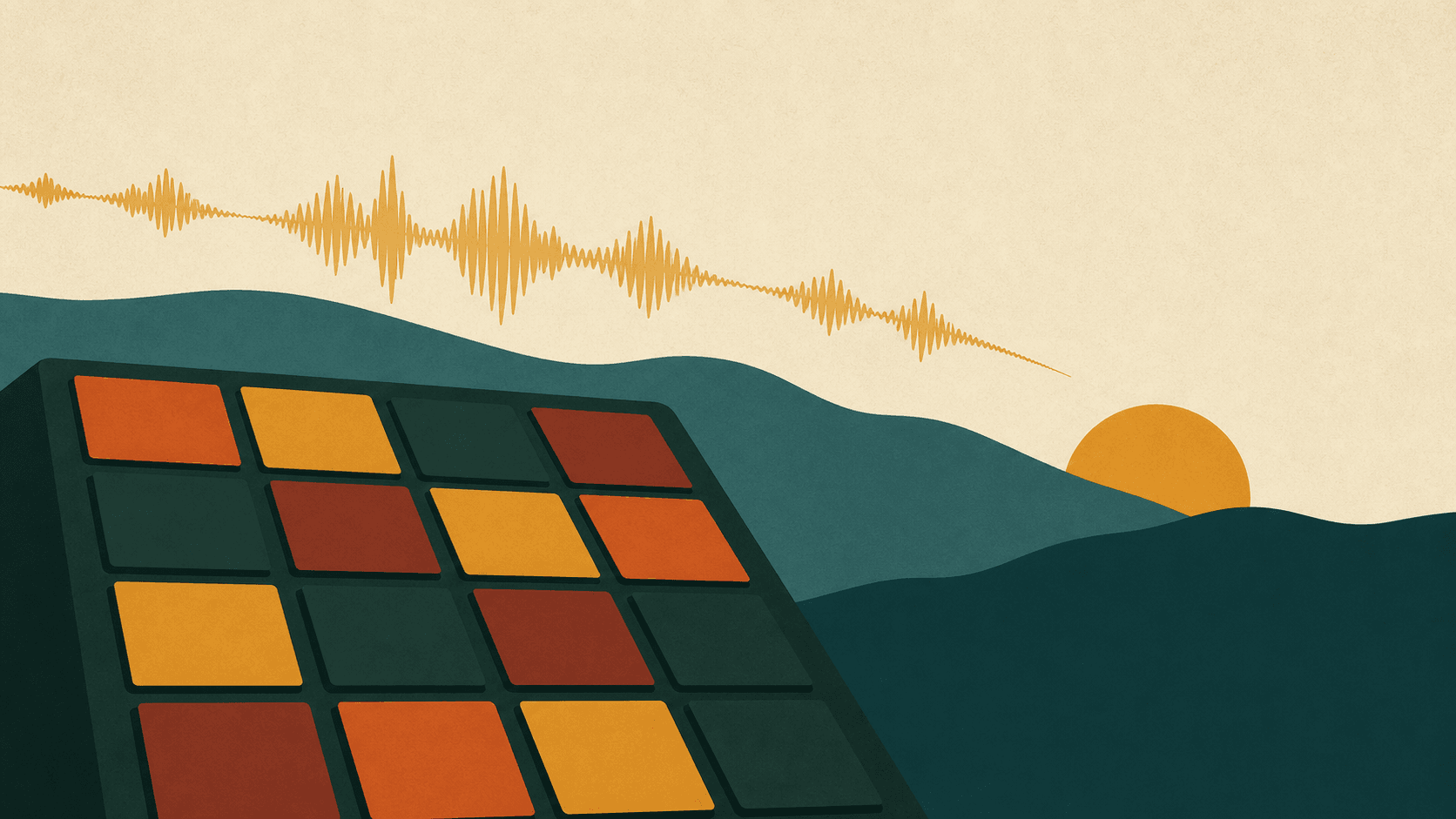 A 4x4 grid of drum-machine pads with a mustard waveform arcing above