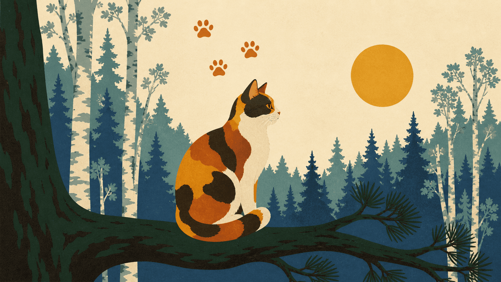 A calico cat sitting on a pine branch with paw prints floating in the sky and a layered forest behind