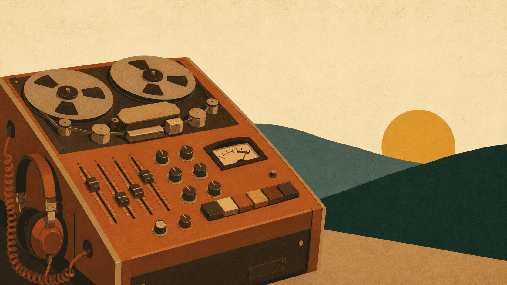 A vintage reel-to-reel tape recorder and mixing board with layered hills behind