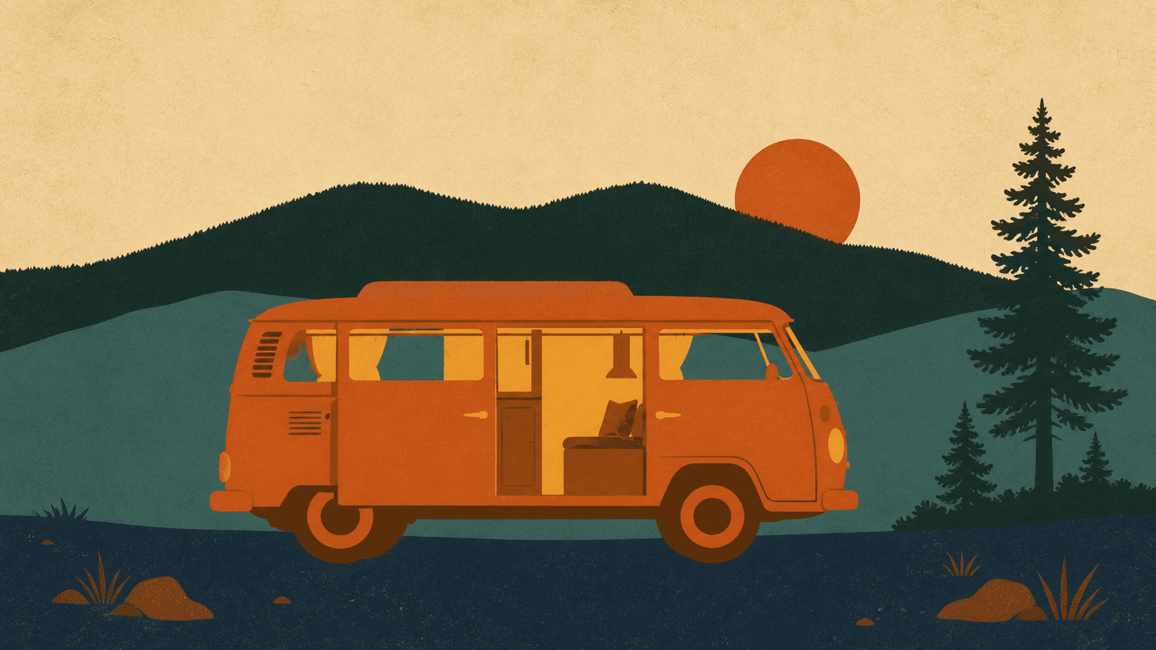 A vintage camper van at dusk with warm light spilling from its open side door, layered hills behind