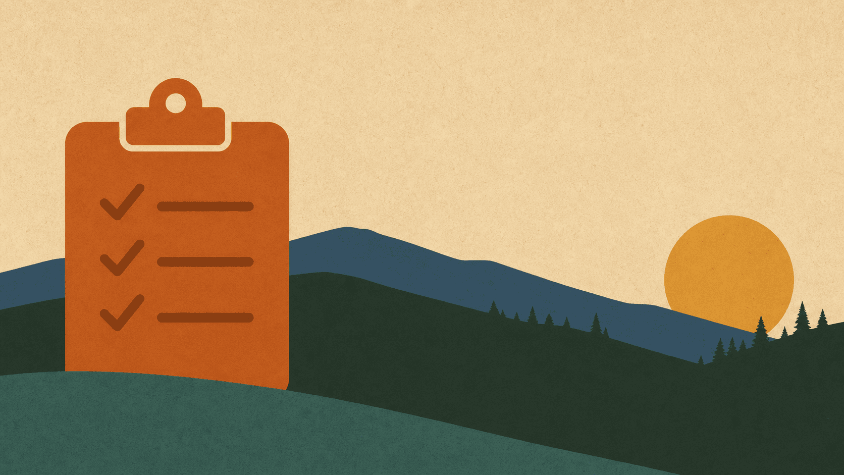 A clipboard with three checkmarks against layered hills