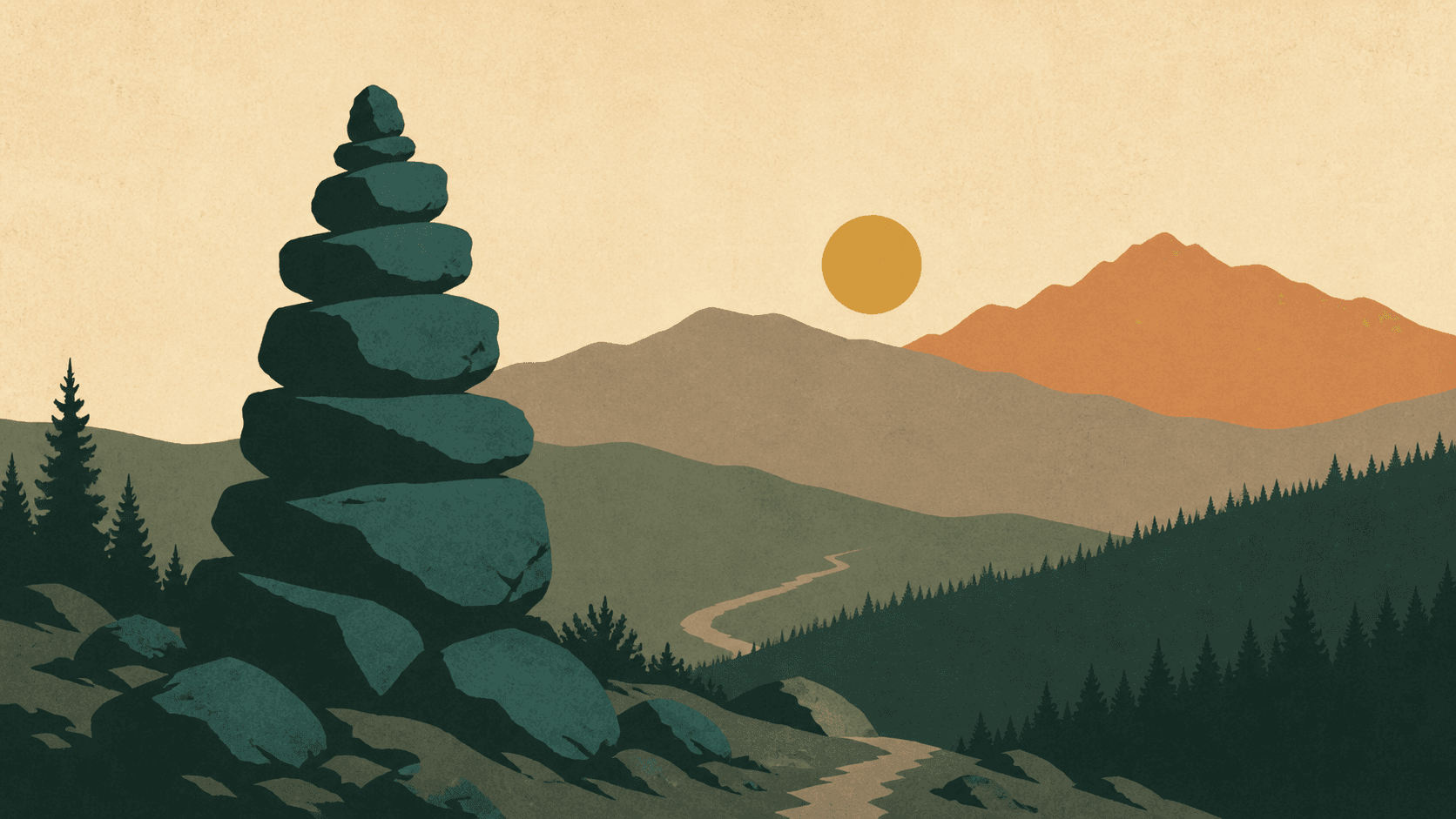 A trail cairn beside a winding path through layered hills