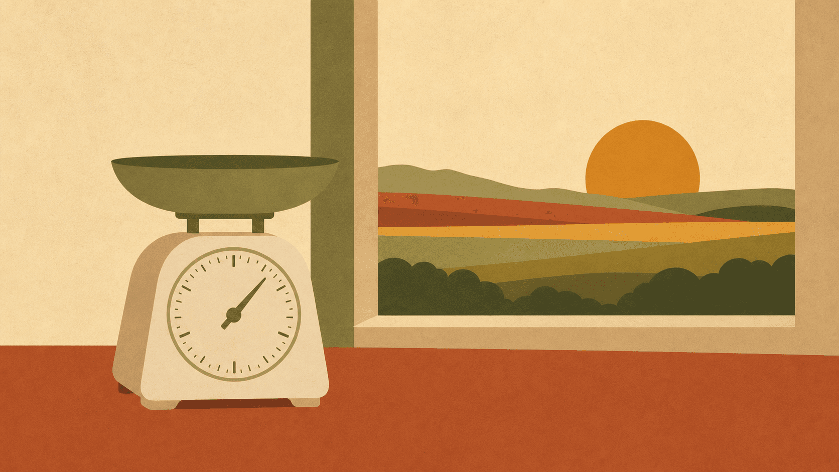 An enamel kitchen scale on a tabletop, layered fields at sunrise through a window