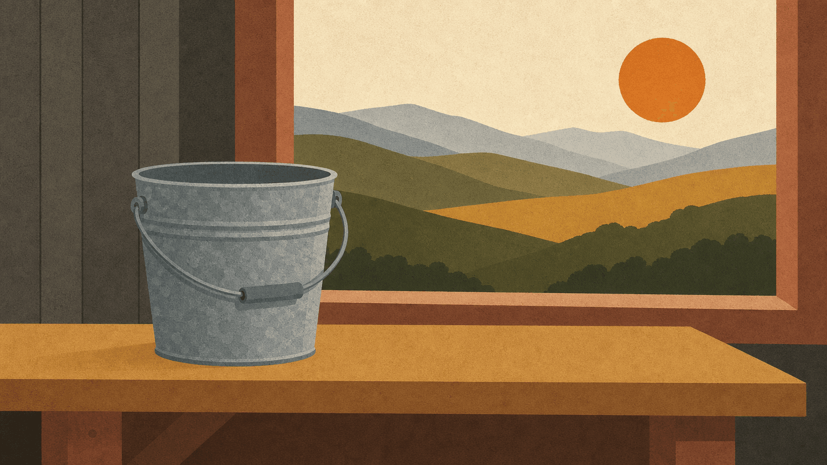 A galvanized pail on a workbench with layered hills through a window at sunset