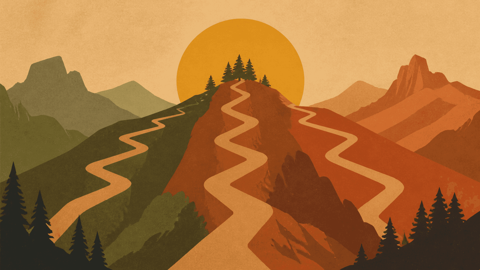 Three switchback paths converging on a ridge crest, low mustard sun behind