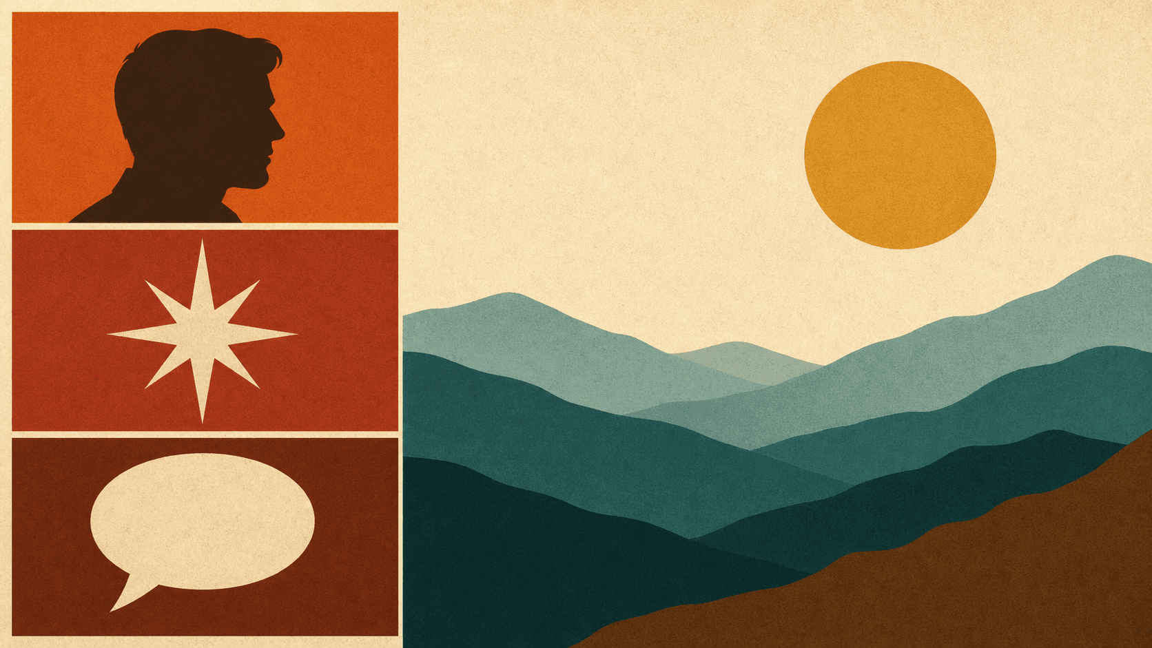 A vertical comic panel grid with character silhouettes beside layered hills at sunrise