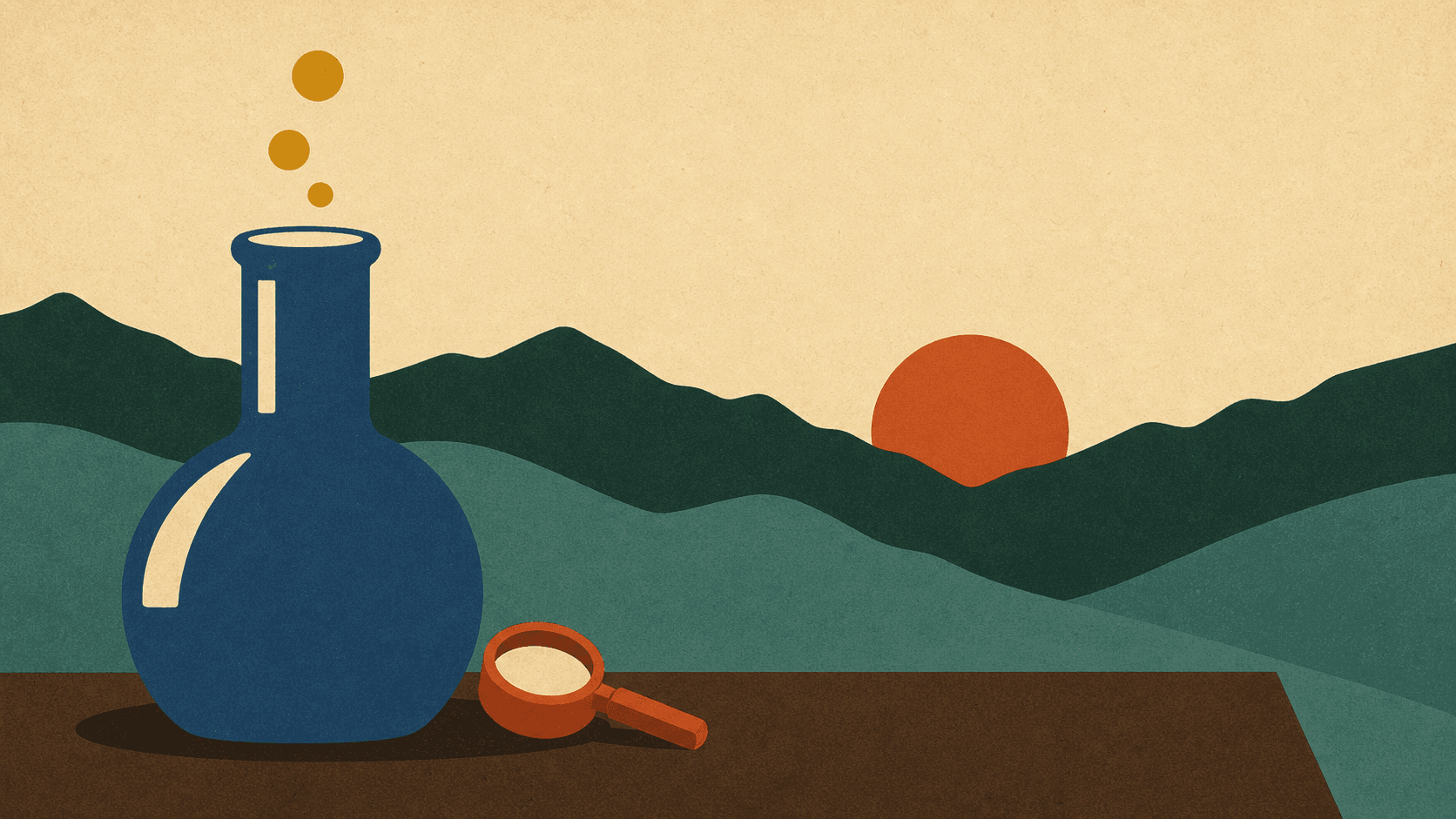 A round lab flask on a workbench with bubbles rising, against layered hills at sunset