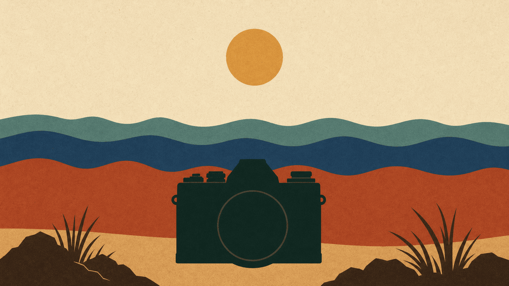 A vintage camera silhouette in front of layered ocean waves and a low mustard sun
