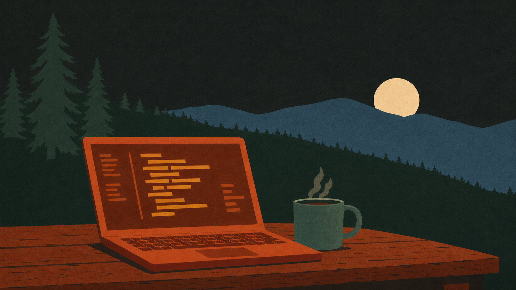 A glowing laptop with code beside a steaming clay mug on a workbench at dusk, layered hills behind