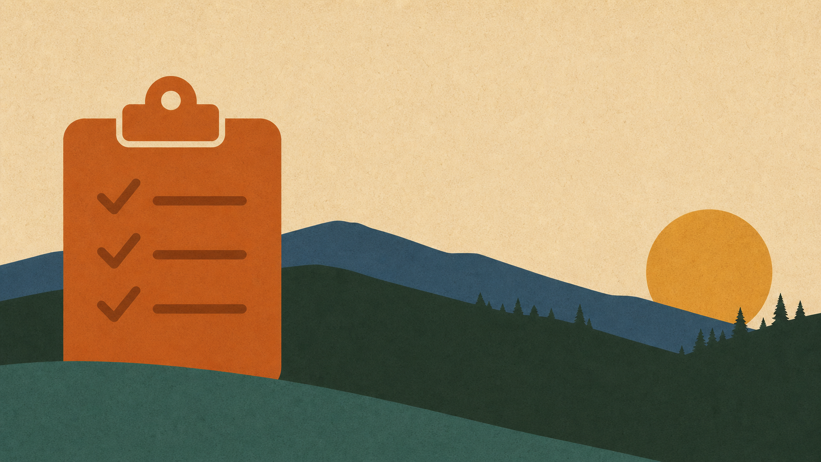 A clipboard with three checkmarks against layered hills