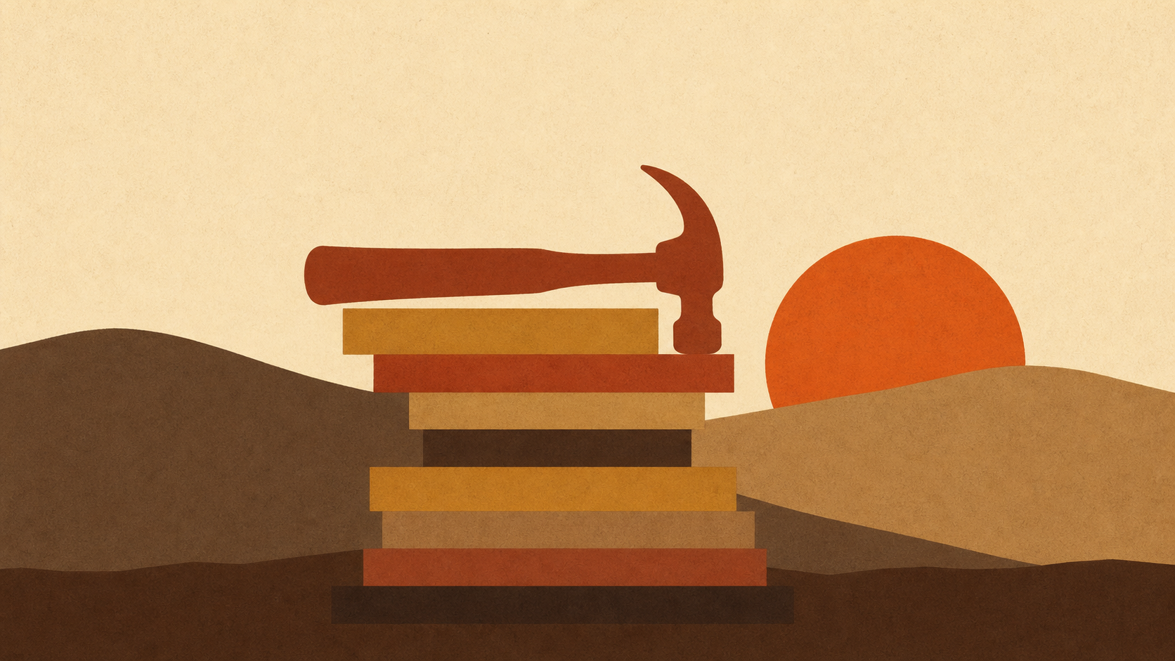 A hammer resting on a stack of layered wooden planks at sunset