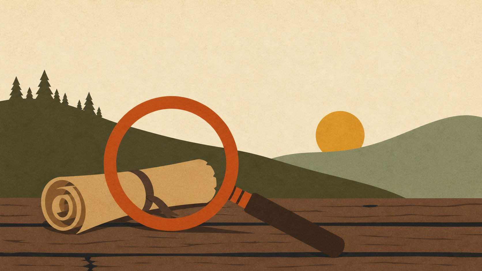 A magnifying glass inspecting a rolled-up map at sunset