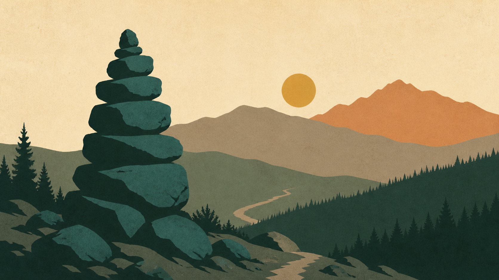 A trail cairn beside a winding path through layered hills