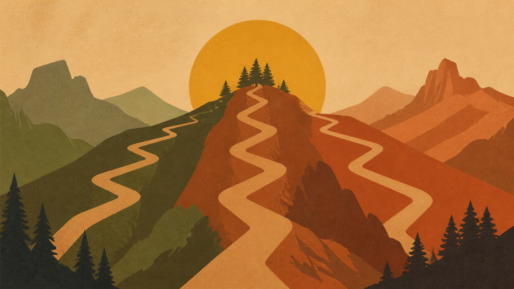 Three switchback paths converging on a ridge crest, low mustard sun behind