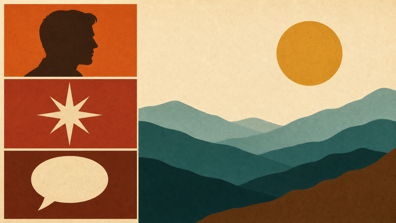 A vertical comic panel grid with character silhouettes beside layered hills at sunrise