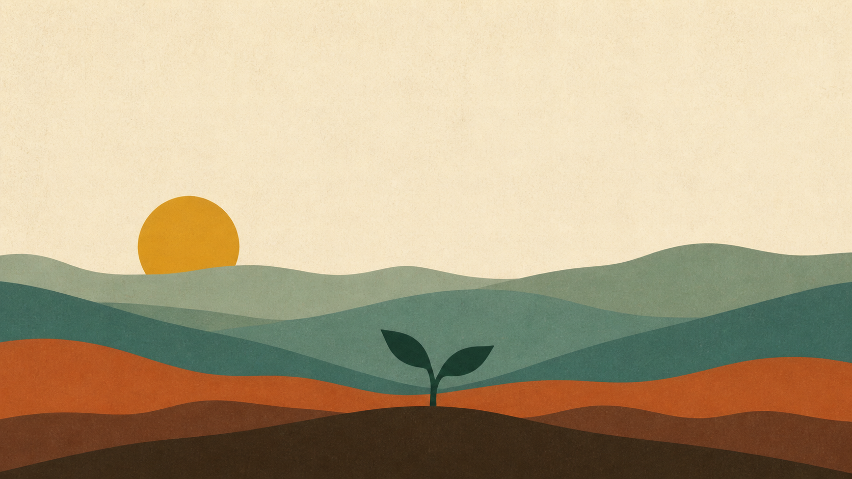 A young sprout in dark soil with a mustard sun rising over layered hills
