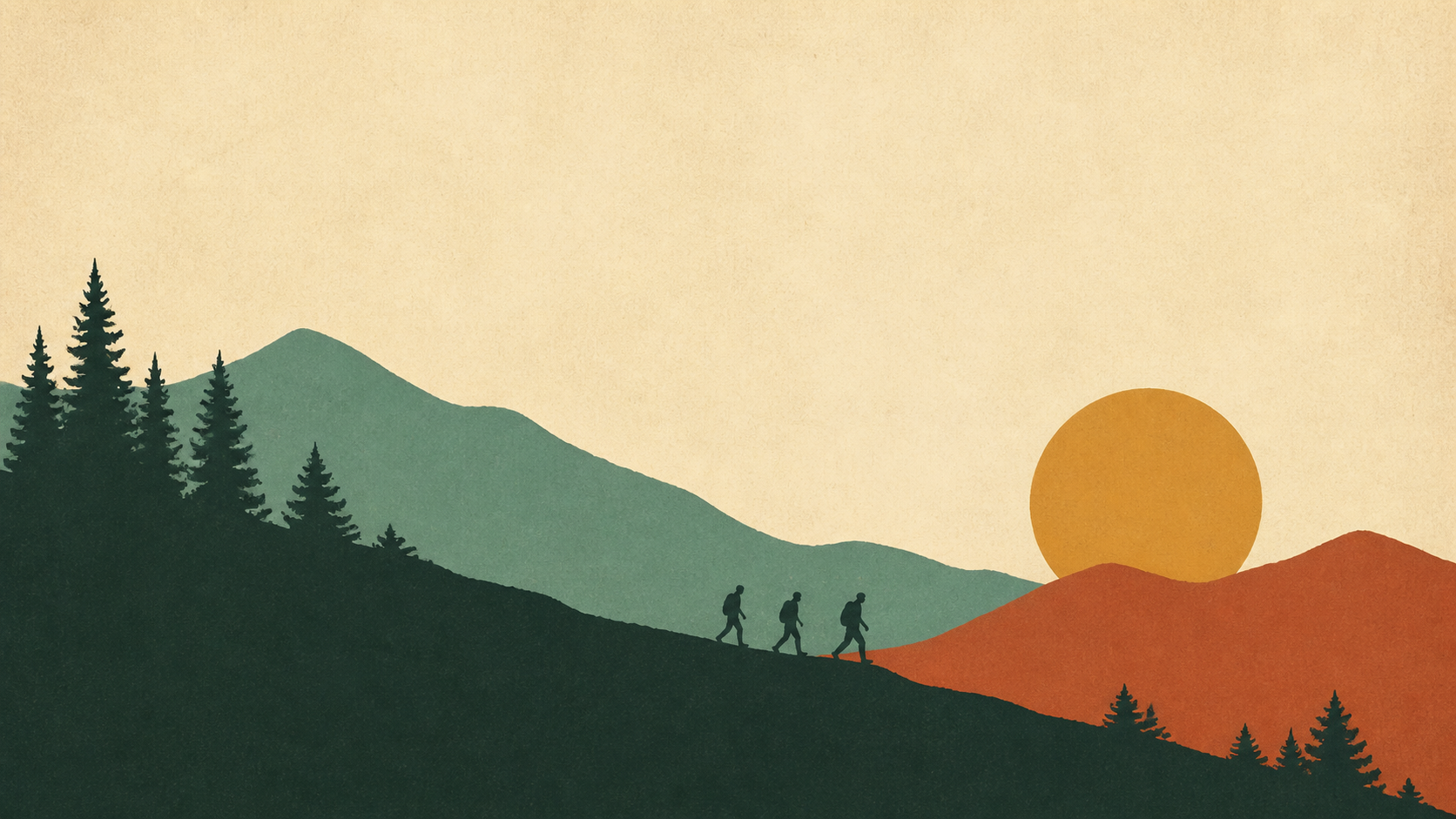 Two figures walking together along a ridge crest at sunset